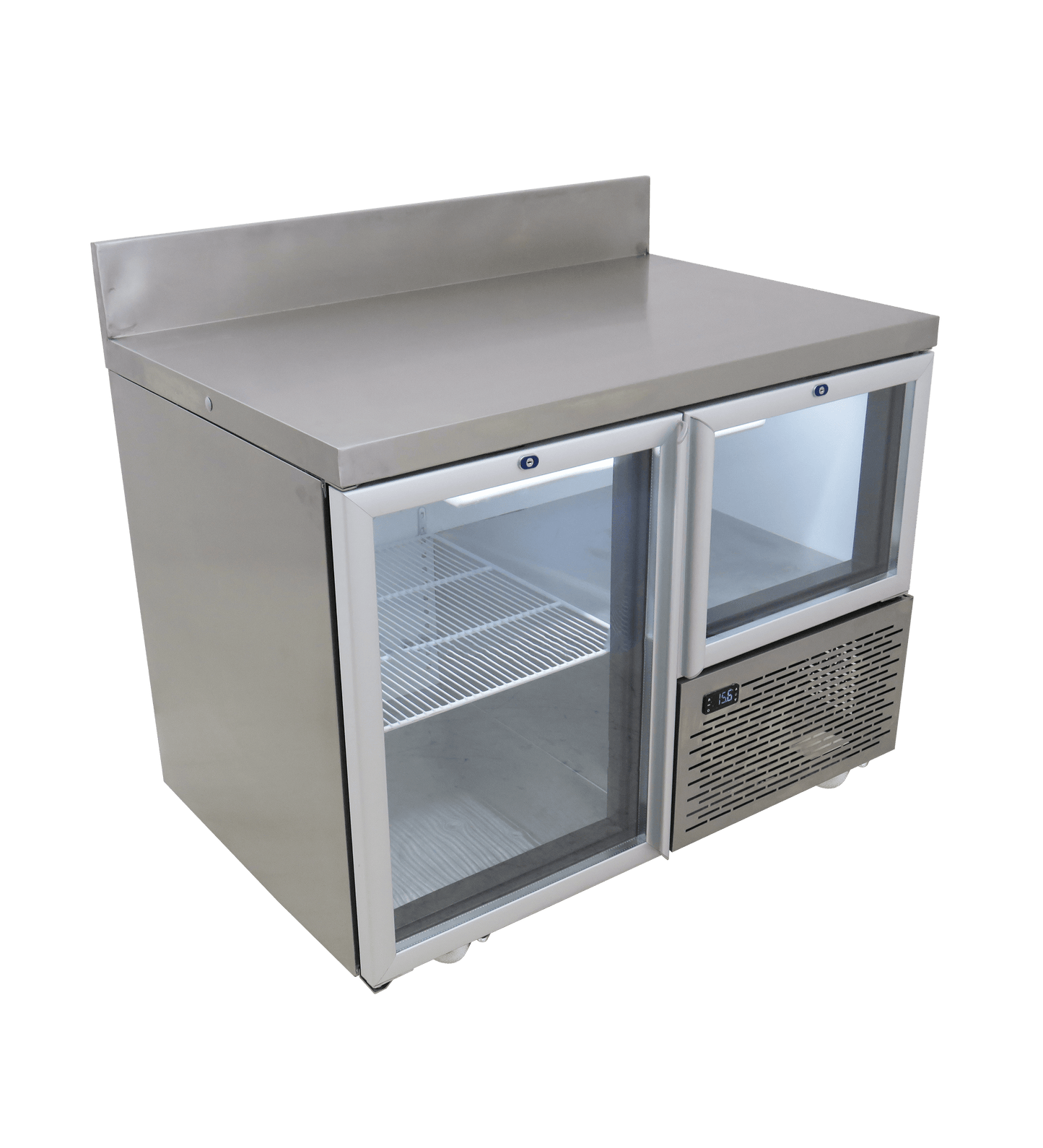 FRIDGE STAR UNDER BAR FRIDGE S/S EXTERIOR 1 AND HALF SWING GLASS DOORS INCL
CASTORS AND EMS - SPLASH BACK - Catering