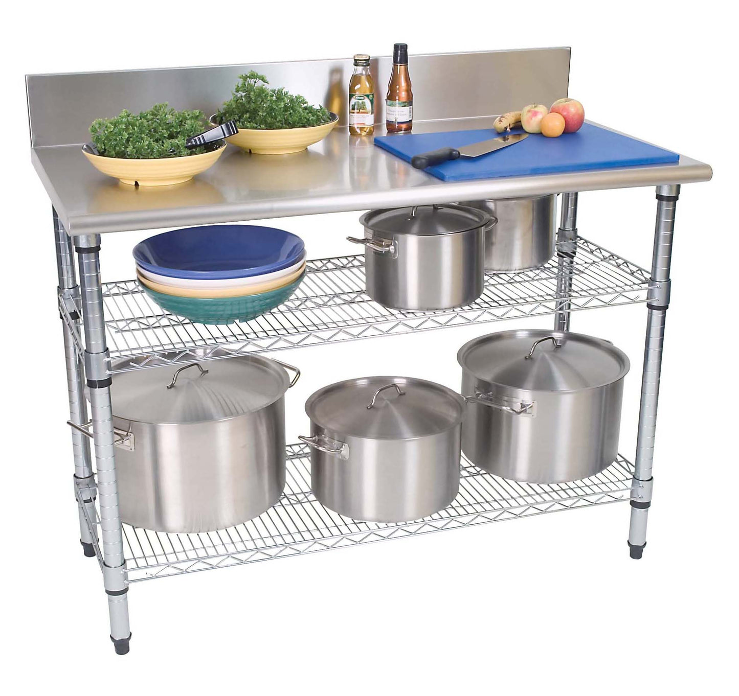 WORK TABLE S/STEEL - 2-TIER - SPLASHBACK 1300 X 690 X 870MM (Global)
