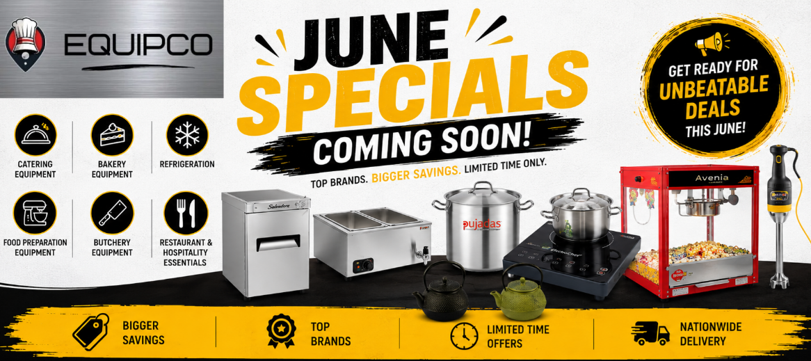 Advertisement for Equipco June Specials with images of kitchen equipment and promotional text.