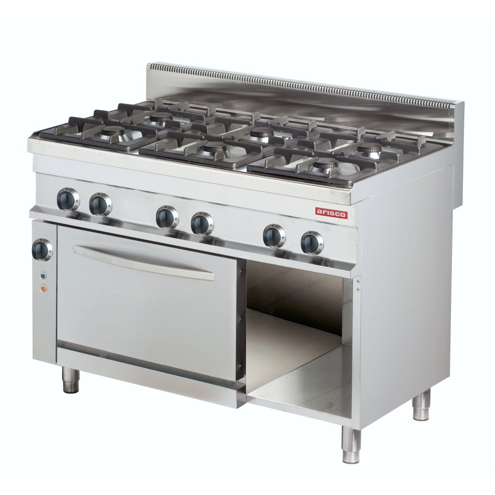 6 Burner gas cooking range with electric convection oven & cabinet (ARISCO) - Catering