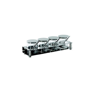 CONDIMENT SET S/STEEL INCLUDES: 4 JARS + SPOONS +TRAY 360 X 110 X 107MM 1.47 KG (TIGER)
