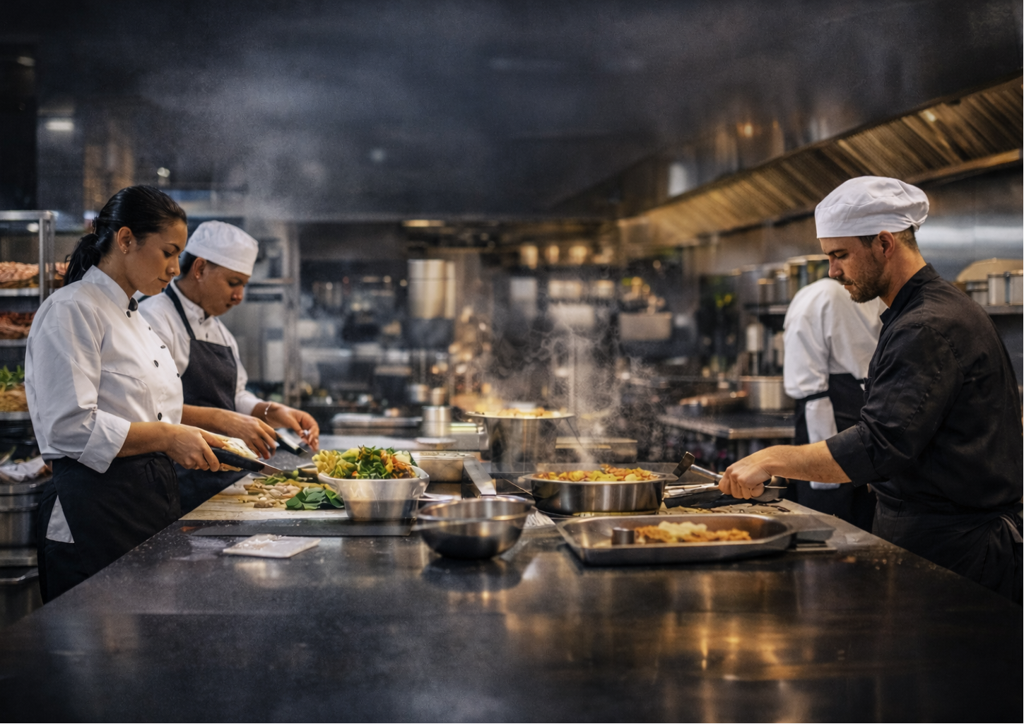 Chefs preparing food in a professional kitchen
