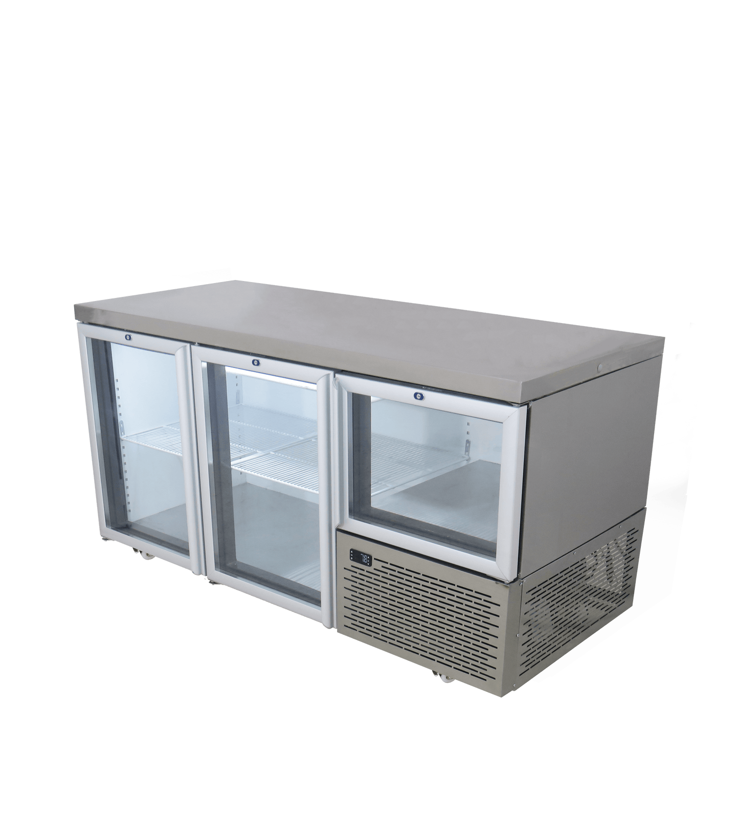 FRIDGE STAR UNDER BAR FRIDGE S/S EXTERIOR 2 AND HALF SWING GLASS DOORS  INCL
CASTORS AND EMS - FLAT TOP - Catering