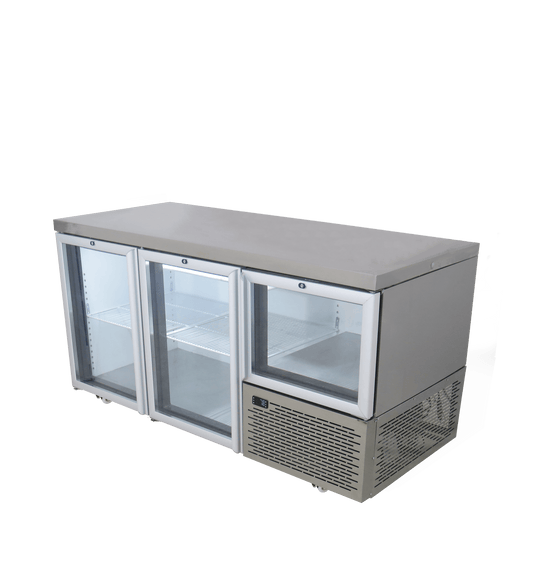 FRIDGE STAR UNDER BAR FRIDGE S/S EXTERIOR 2 AND HALF SWING GLASS DOORS  INCL
CASTORS AND EMS - FLAT TOP - Catering