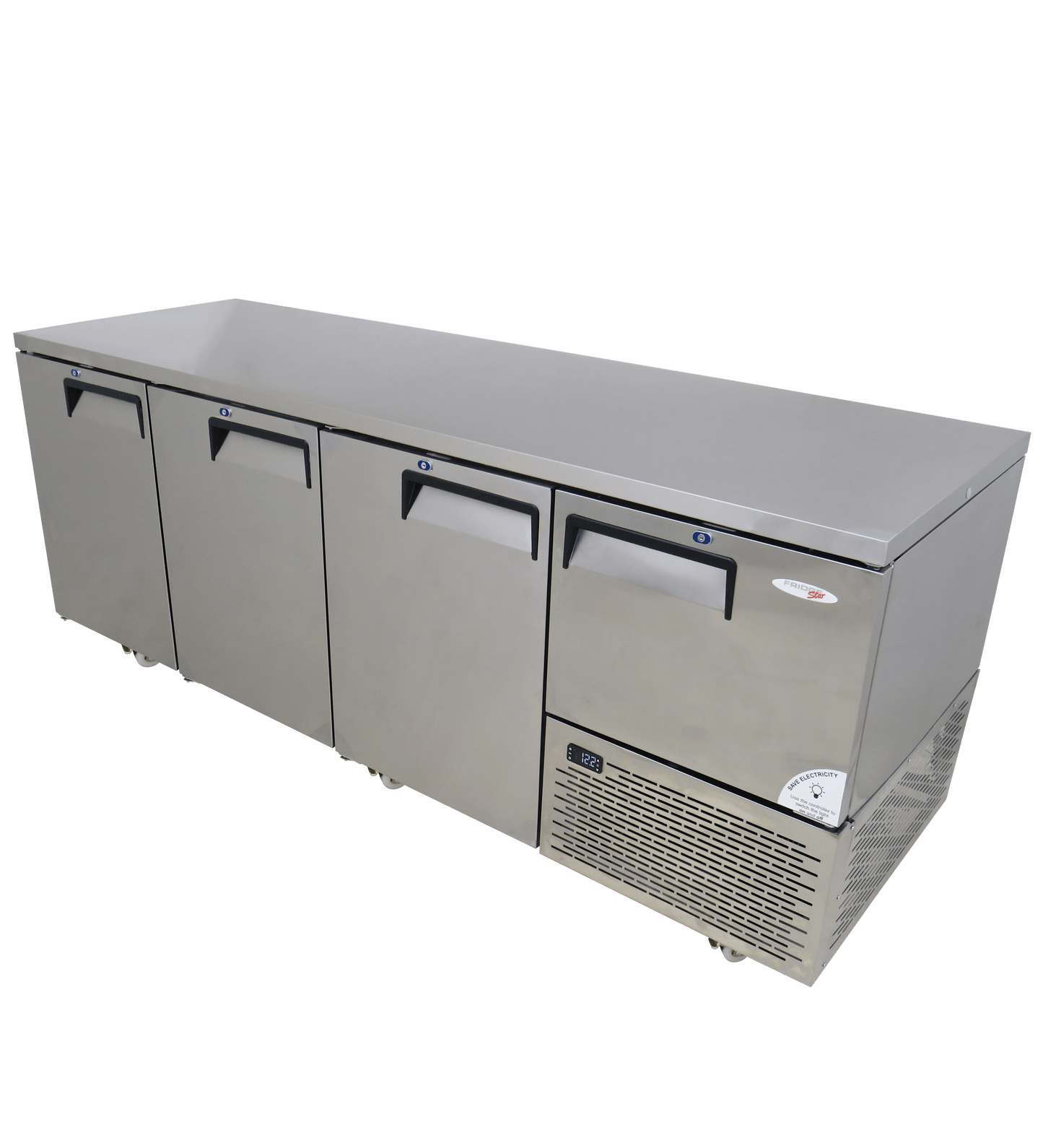 FRIDGE STAR UNDER BAR FRIDGE S/S EXTERIOR 3 AND HALF SWING SOLID DOORS INCL
CASTORS AND EMS - FLAT TOP - Catering