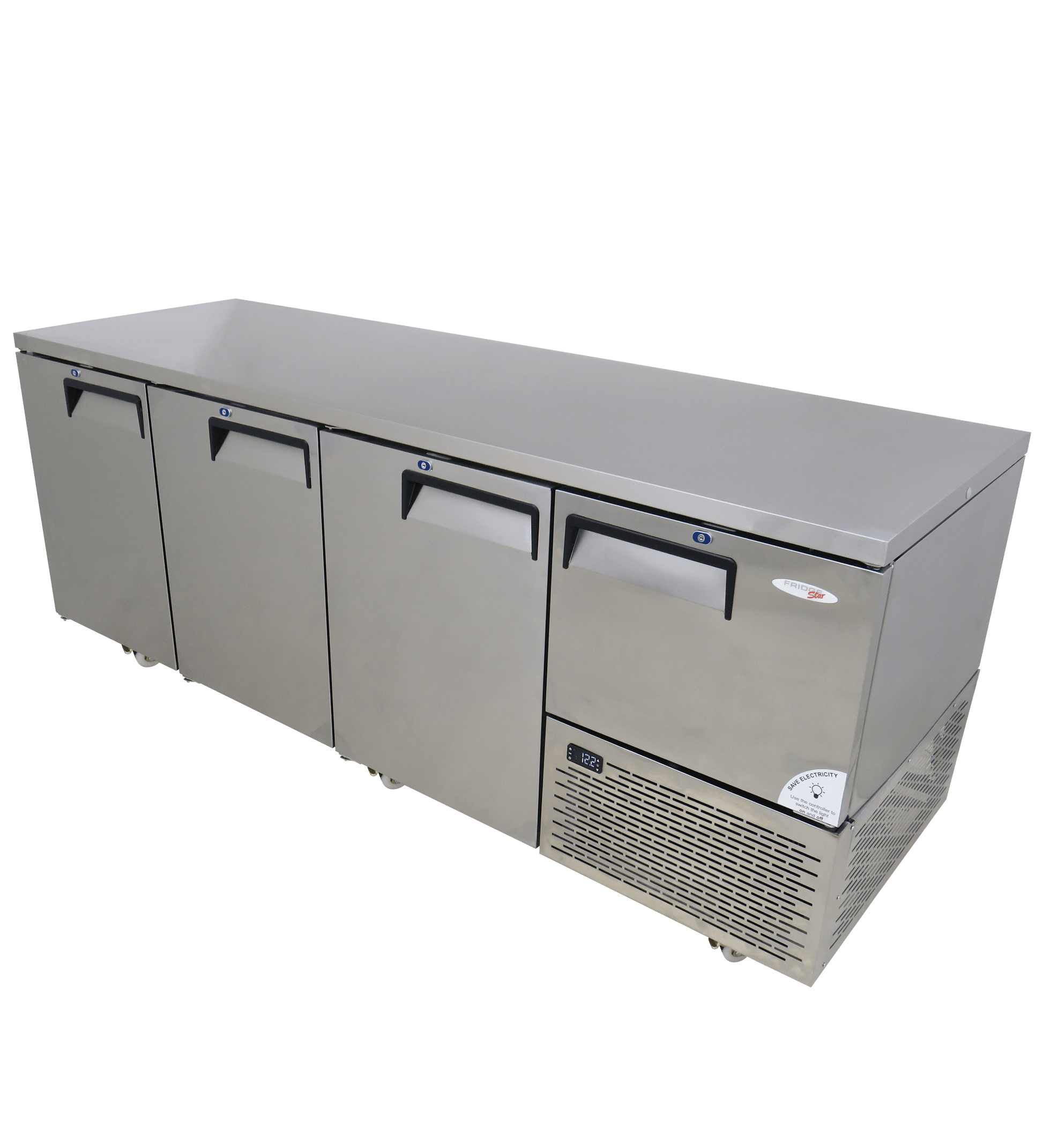 FRIDGE STAR UNDER BAR FRIDGE S/S EXTERIOR 3 AND HALF SWING SOLID DOORS INCL
CASTORS AND EMS - FLAT TOP - Catering