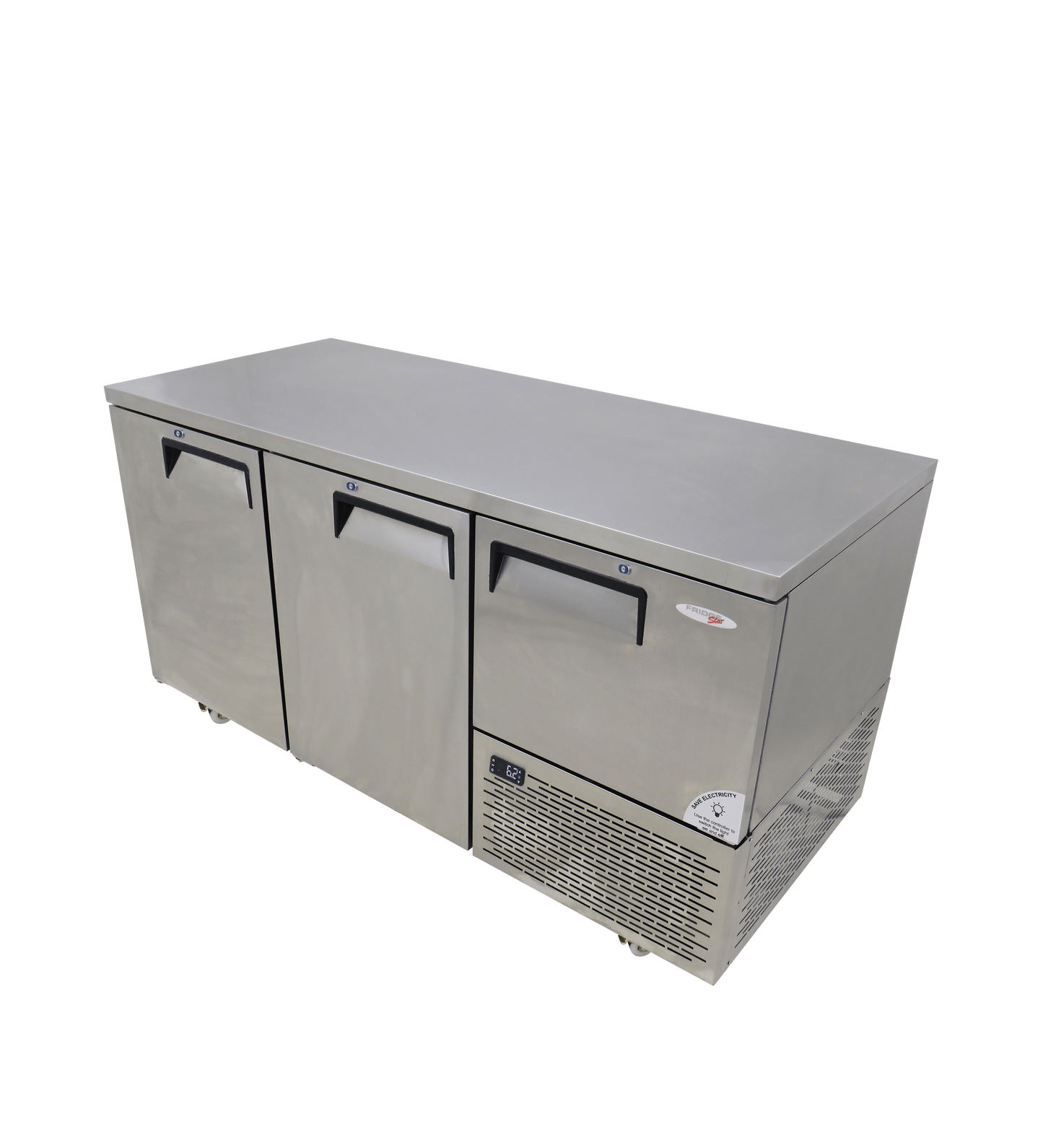 FRIDGE STAR UNDER BAR FRIDGE S/S EXTERIOR 2 AND HALF SWING SOLID DOORS  INCL
CASTORS AND EMS - FLAT TOP - Catering