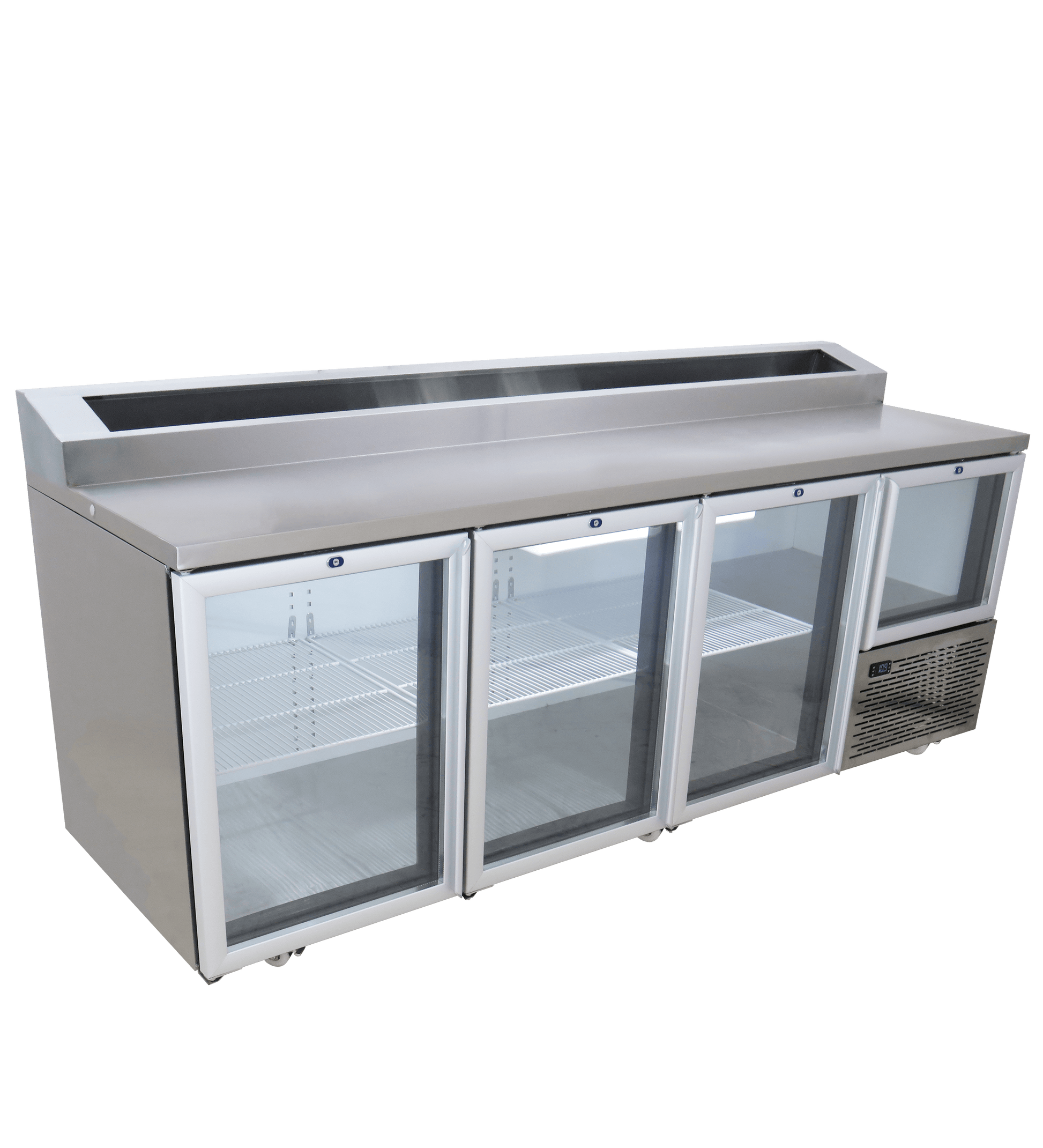 FRIDGE STAR UNDER BAR FRIDGE S/S EXTERIOR 3 AND HALF SWING GLASS DOORS INCL
CASTORS AND EMS - PIZZA TOP - Catering