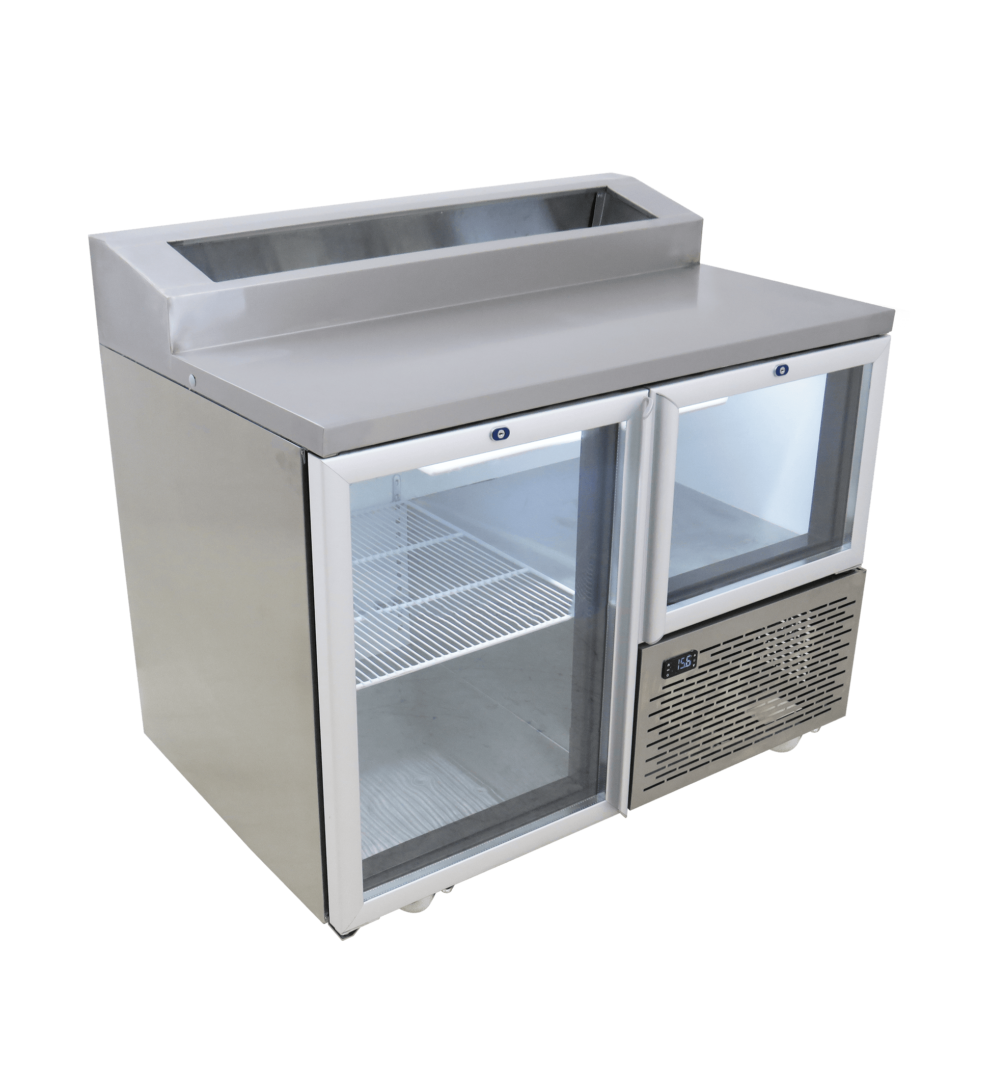 FRIDGE STAR UNDER BAR FRIDGE S/S EXTERIOR 1 AND HALF SWING GLASS DOORS INCL
CASTORS AND EMS - PIZZA TOP - Catering