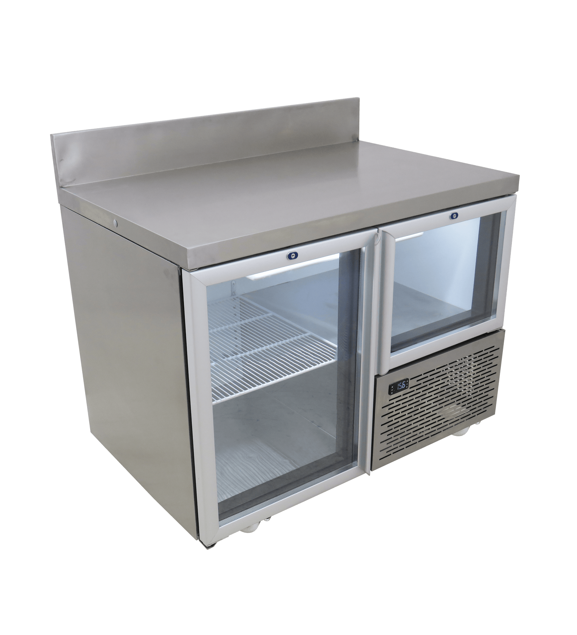 FRIDGE STAR UNDER BAR FRIDGE S/S EXTERIOR 1 AND HALF SWING GLASS DOORS INCL
CASTORS AND EMS - SPLASH BACK - Catering
