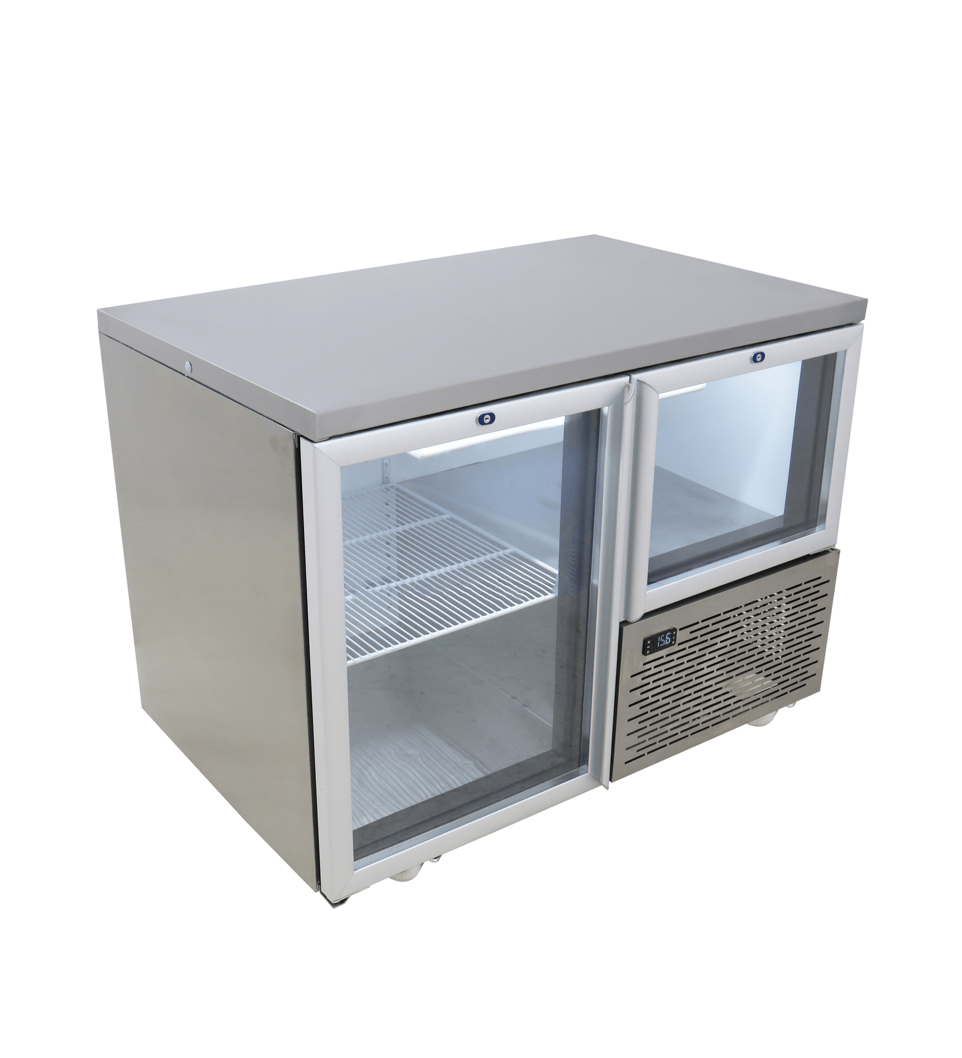 FRIDGE STAR UNDER BAR FRIDGE S/S EXTERIOR 1 AND HALF SWING GLASS DOORS INCL
CASTORS AND EMS - FLAT TOP - Catering