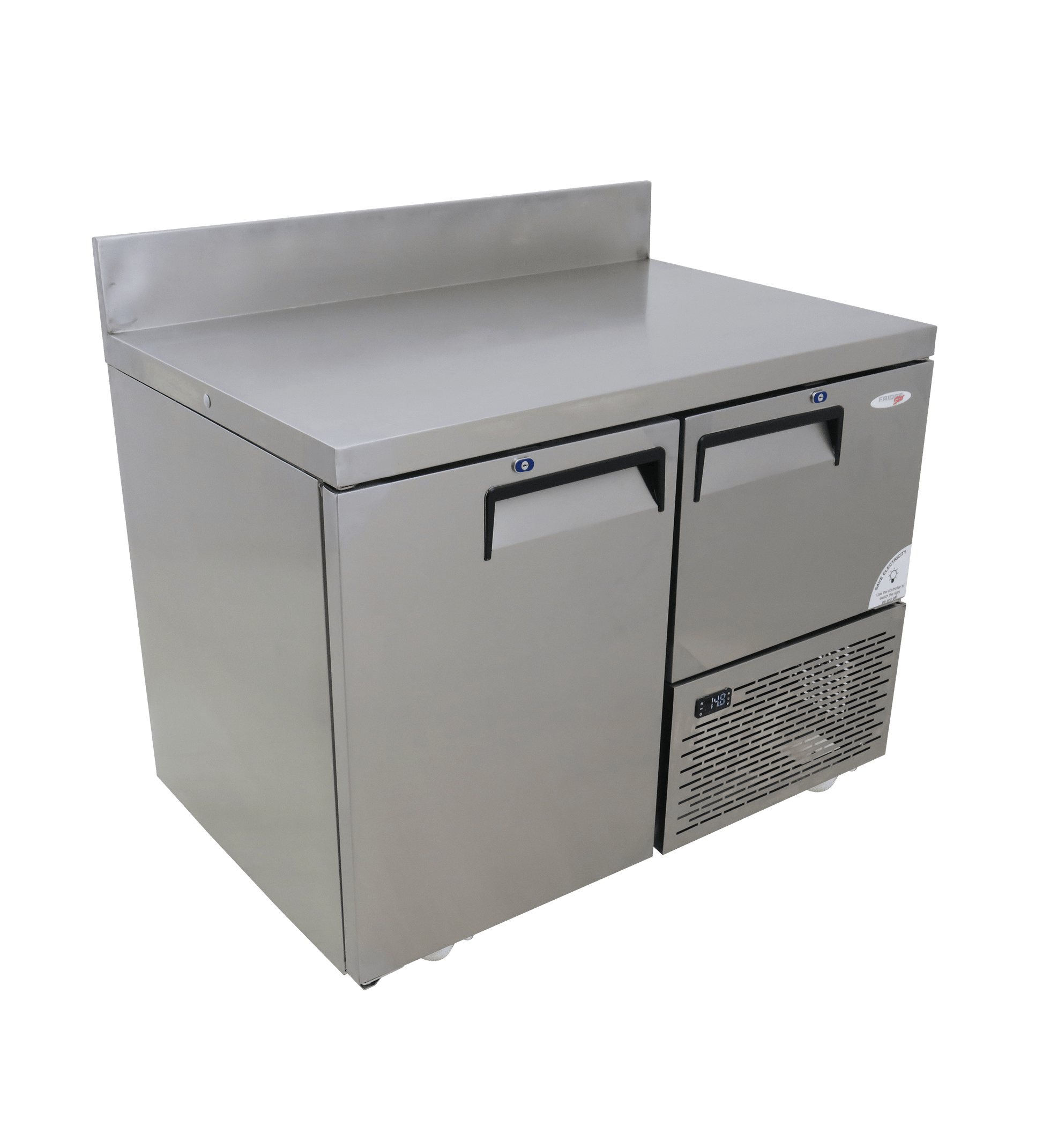 FRIDGE STAR UNDER BAR FRIDGE S/S EXTERIOR 1 AND HALF SWING SOLID DOORS  INCL
CASTORS AND EMS - SPLASH BACK - Catering