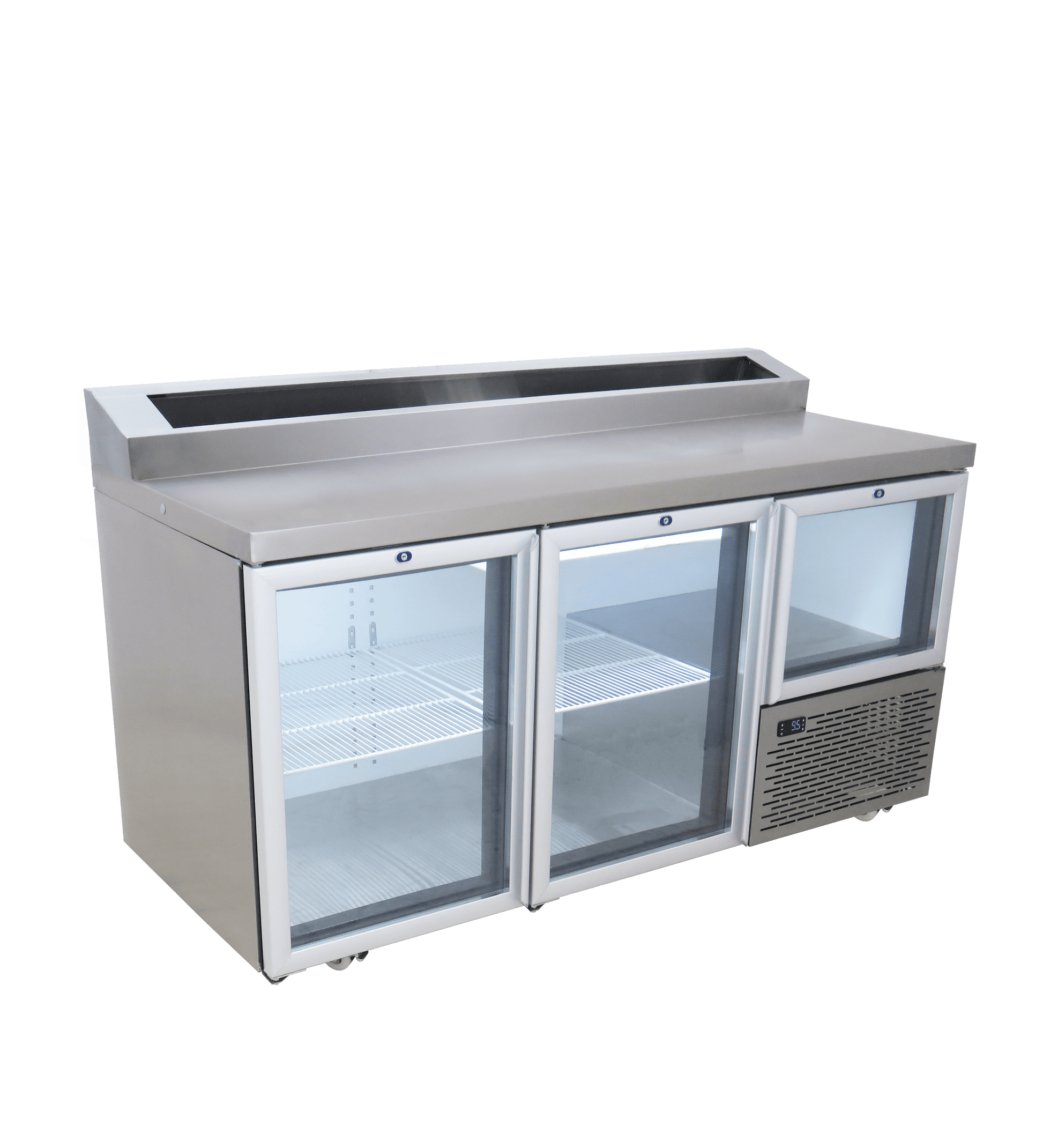FRIDGE STAR UNDER BAR FRIDGE S/S EXTERIOR 2 AND HALF SWING GLASS DOORS INCL
CASTORS AND EMS - PIZZA TOP - Catering