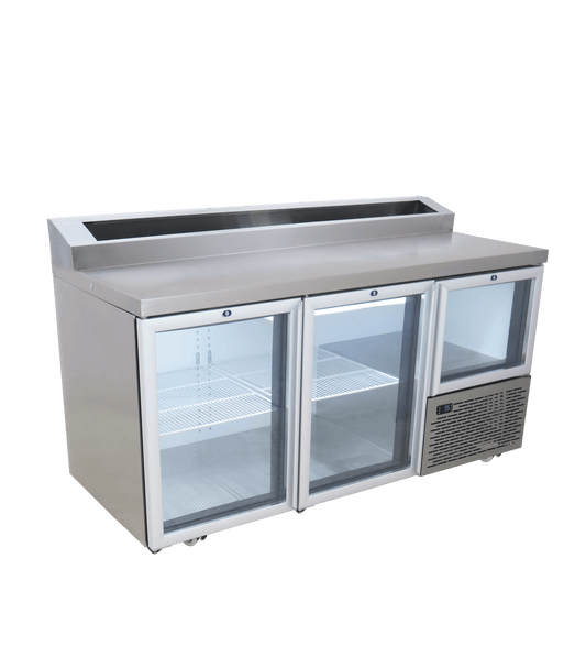 FRIDGE STAR UNDER BAR FRIDGE S/S EXTERIOR 2 AND HALF SWING GLASS DOORS INCL
CASTORS AND EMS - PIZZA TOP - Catering