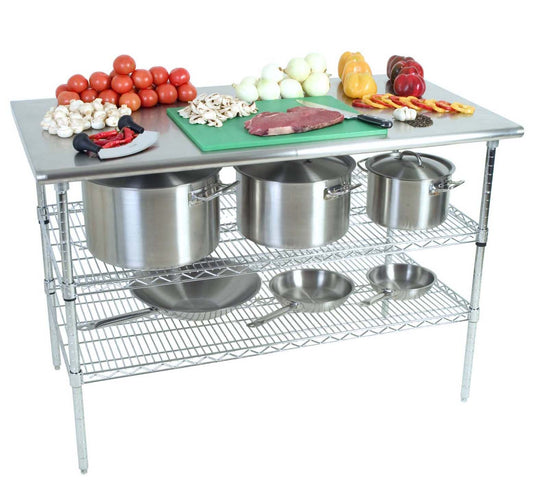 WORK TABLE S/STEEL - 2-TIER - PLAIN TOP 1300 X 690 X 870MM (Global)